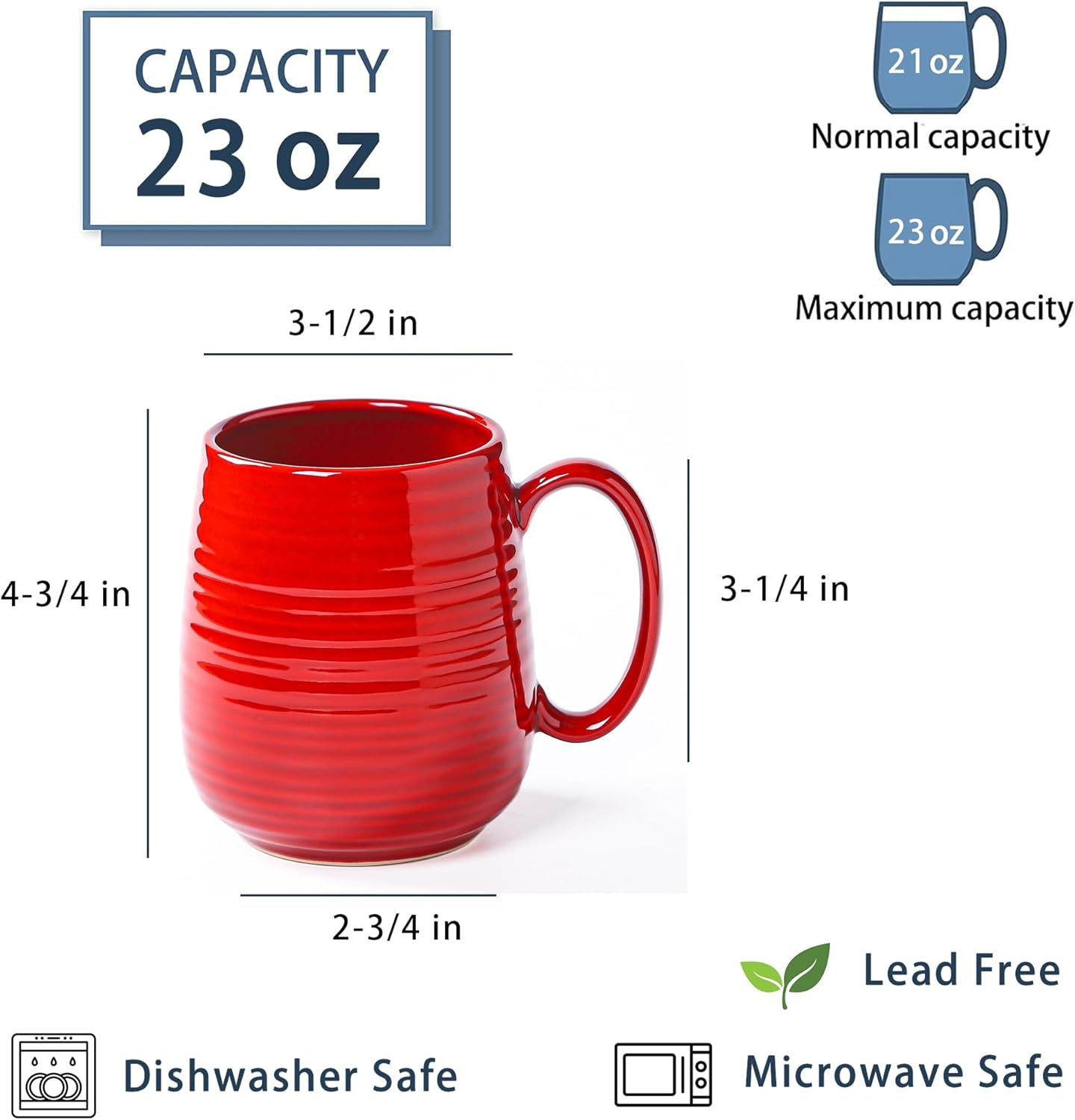 Large Coffee Mugs, Extra Large Ceramic Coffee Mug, 23 oz Handmade Pottery Mug, Big Tea Cups with Handle for Office and Home, Dishwasher and Microwave Safe (Red)