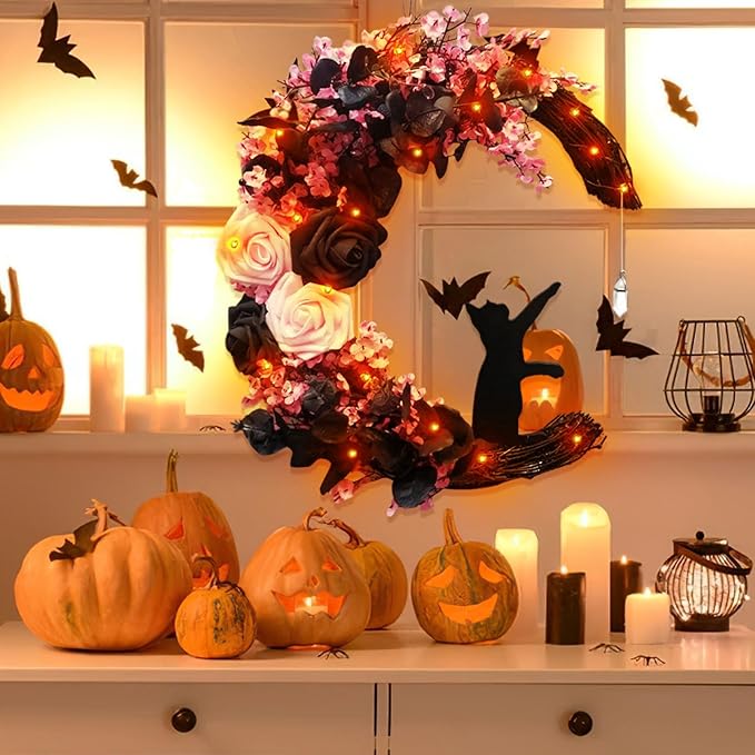 Halloween Wreaths For Front Door, Flower Moon Cat Halloween Home Decoration, Halloween Family Gathering Decoration Wreath，Outdoor, Wall, Closet, Fence, Wreath Halloween (Pink)