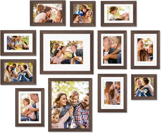 Egofine Picture Frame Set 12 Pack, Picture Frames Collage Wall Decor with Two 8x10, Four 5x7, Four 4x6, Two 4x4 for Wall and Tabletop, Made of Solid Wood, Covered by Plexiglass, Rustic Brown