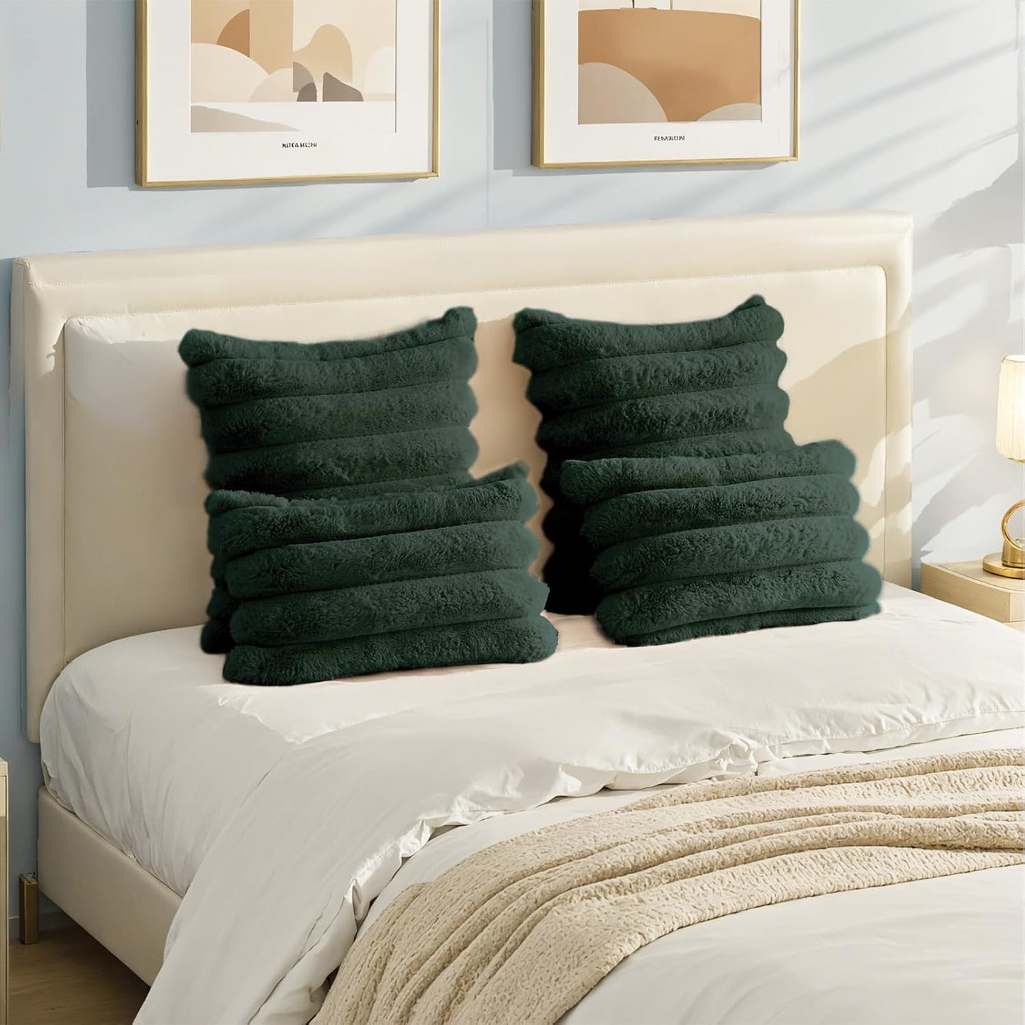 HAUSSY Faux Fur Throw Pillow Covers 22x22 Inch Set of 2,Decorative Striped Neutral Pillow Cases Soft Plush Couch Pillow Covers,Home Decor for Sofa,Bed, Living Room,Dark Green