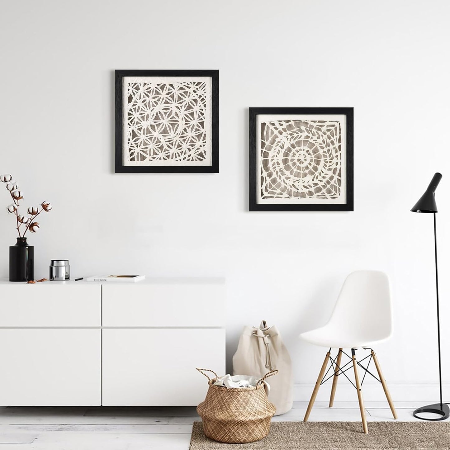 FOLKOR Black and White Wall Art Living Room Decor, 12" Abstract Framed Artwork, Handmade Rice Paper Shadow Box Wall Hanging Sculpture for Contemporary Home Office Bedroom Coffee Shop