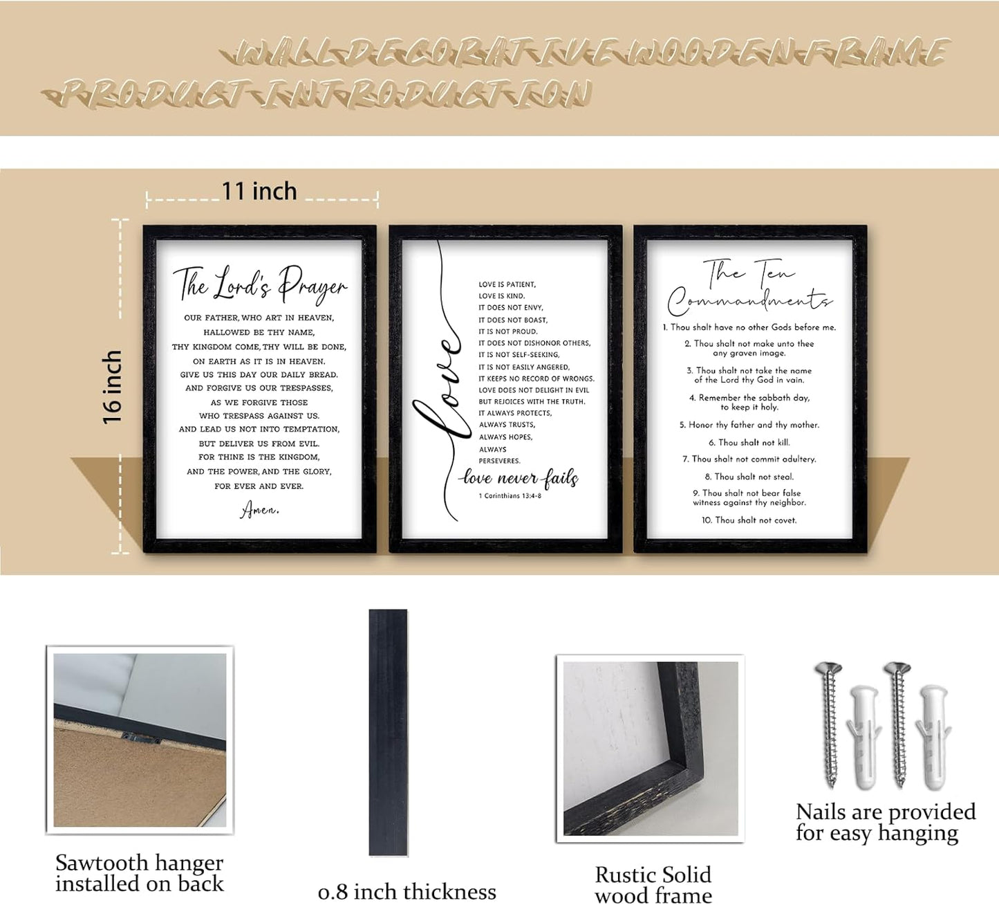 comurdyo Christian Bible Verse Wall Art 16"×11" Set of 3 Positive Religious Minimalist Quotes Sign for Rustic God Jesus Christ Prayer Inspirational Catholic Scripture Decor Wood Framed Hanging (Black)