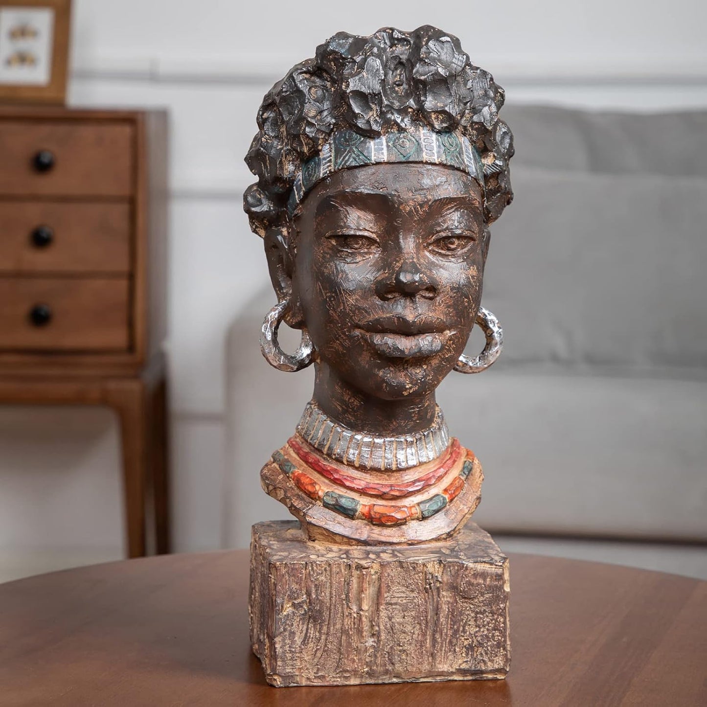 Leekung African Statues and Sculptures for Home Decor,African Figurines Head Statue Decorations for Home,African Art Sculptures Woman Statue Decor for Living Room Antique Woodstone Color