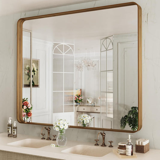 LOAAO 48X40 Inch Bathroom Mirror with Wood Grain Colored Metal Frame, Rounded Rectangle Metal Framed Bathroom Mirror, Anti-Rust, Hangs Horizontally or Vertically, Tempered Glass
