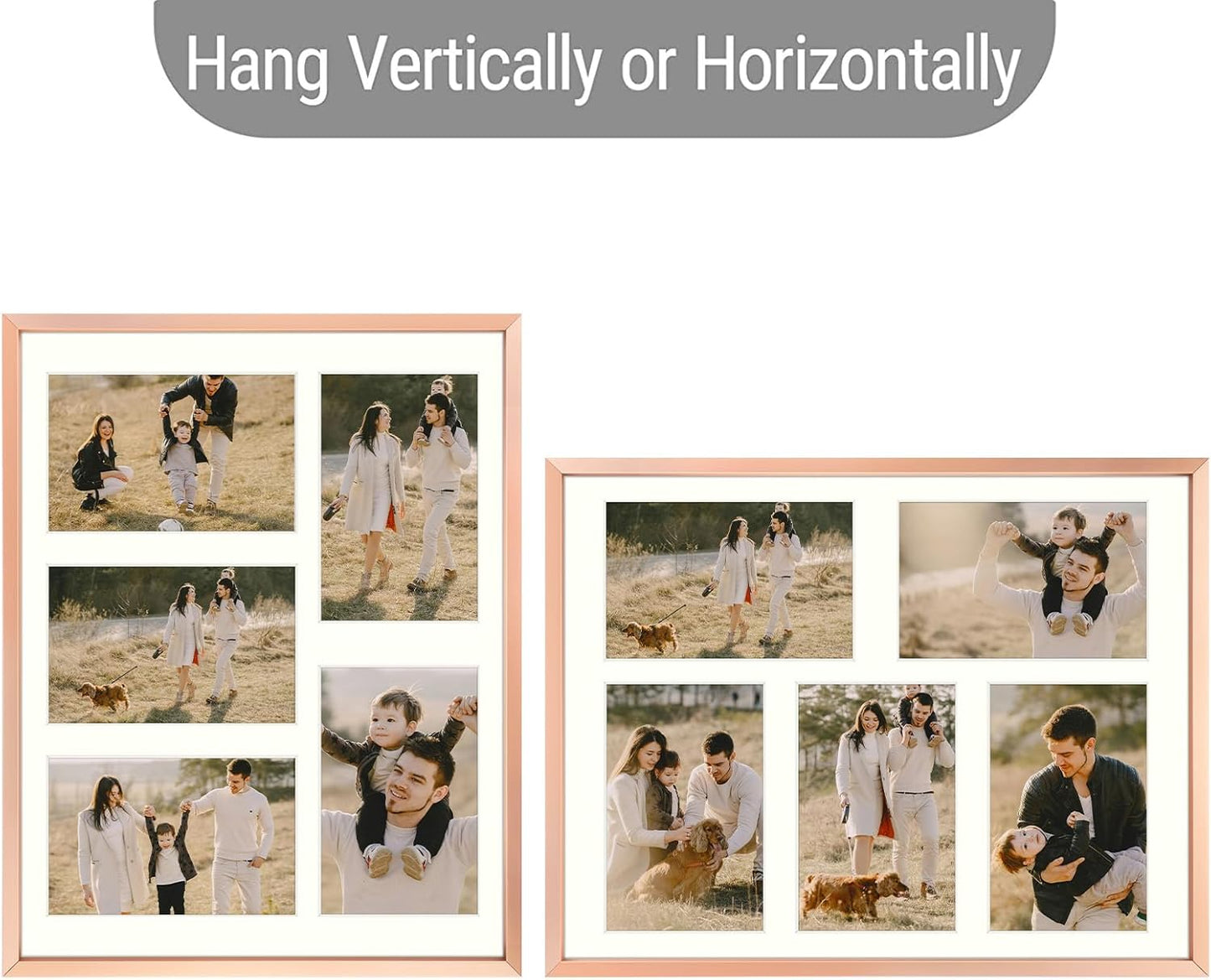 Frametory - 11x14 Aluminum Collage Picture Frame - Display 4x6 Pictures with 5 Openings Mat - Real Glass Front - Horizontal/Vertical Wall Mount - Rose Gold 1 Pack