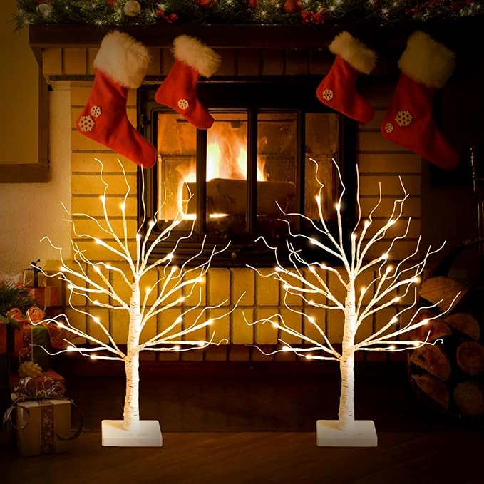 White Birch Tree with LED Lights, Christmas Decorations Lighted Tree for Tabletop, Battery Operated 24 LED Warm White Tree, 2FT Mini Small Christmas Tree Indoor Home Christmas Decor (2 Pack, Timer)
