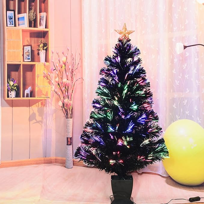 3ft Black Fiber Optic Christmas Tree,Pre-Lit Artificial Mini Christmas Tree, Tabletop Small Xmas Tree with Stars Holiday Home Decorations