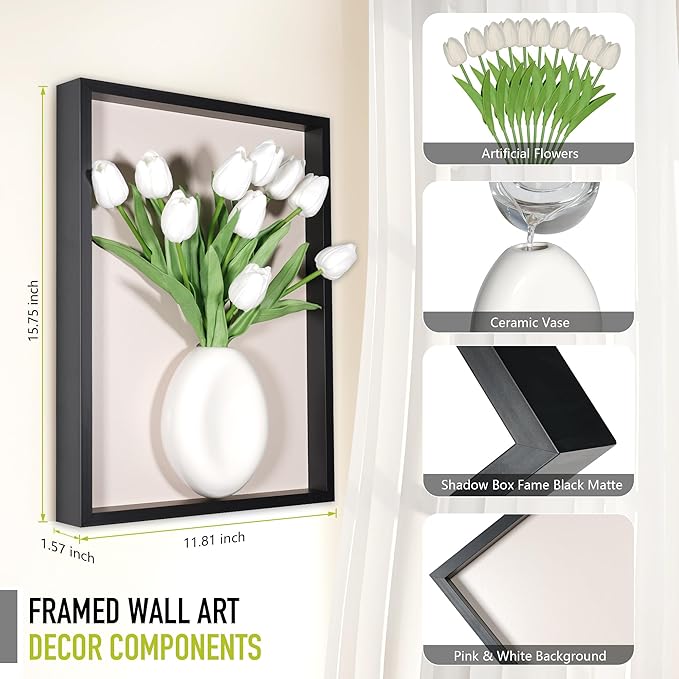 yimido Plant Picture Frame Wall Decor – Wall Planters for Indoor Plants, 3D Wall Art Frame with Ceramic Vase and Artificial Tulips, Hanging Plant Holder for Living Room, Bedroom, Hallway, Black
