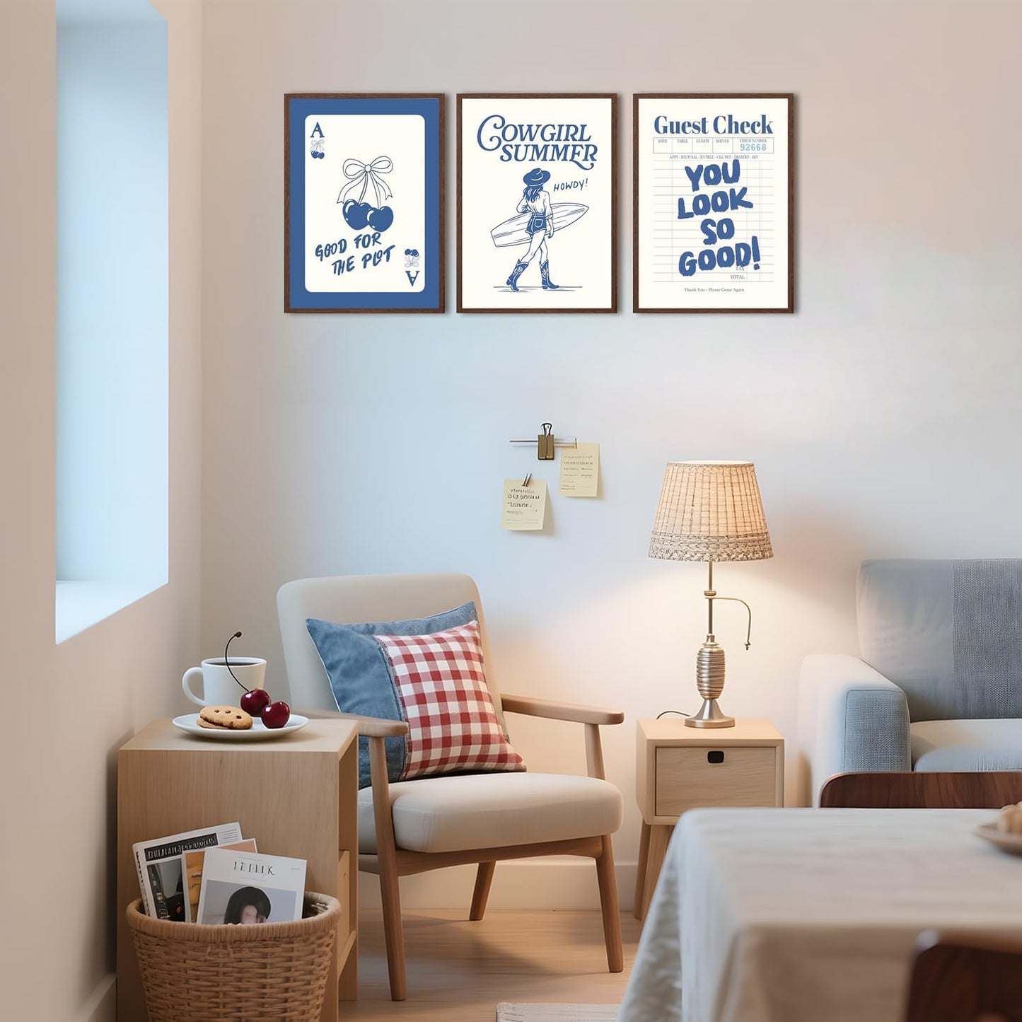 Blue Preppy Canvas Wall Art Poster Set of 3, Coastal Cowgirl Pictures Wall Decor Paintings, Trendy Cherry Guest Check Prints Aesthetic Home Decor for Teen Girls Bedroom Dorm 12x16 inch Unframed