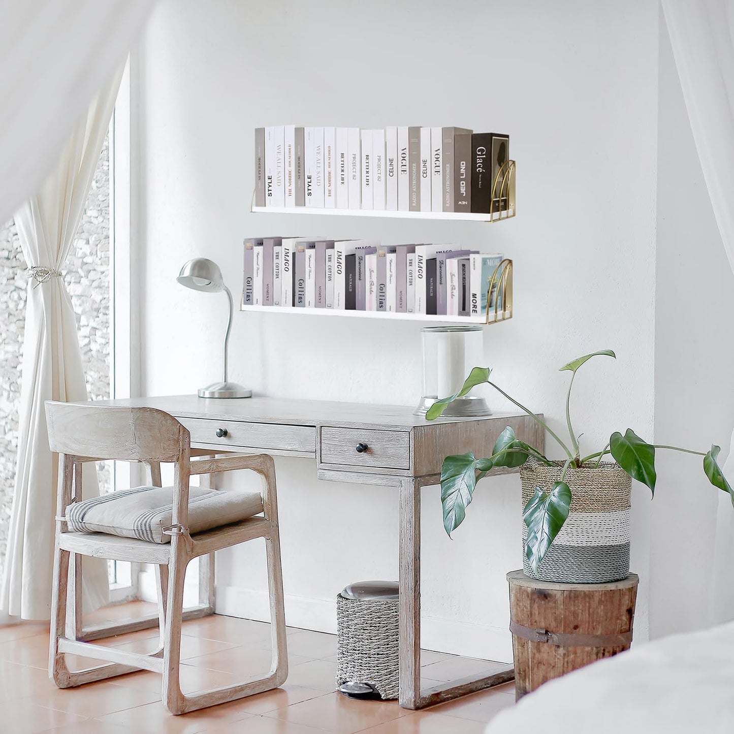 Long 48 IN White Wall Bookshelf- Curved Fan-Shaped Design with Built-in Anti-Slip Book Stops|0.71" Thicker Heavy Duty White and Gold Floating Shelf|Floating Book Shelves for Wall, Home Décor Set of 2