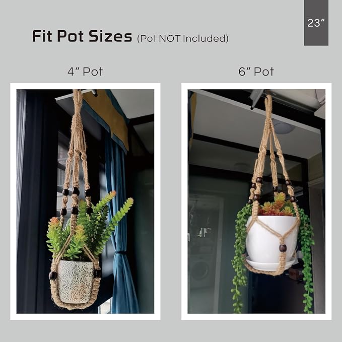 Macrame Plant Hanger 23", Set of 2 No Tassel Hanging Plant Holder Indoor, Sturdy Flower Pot Holder with Hooks - Brown (Pot NOT Included)
