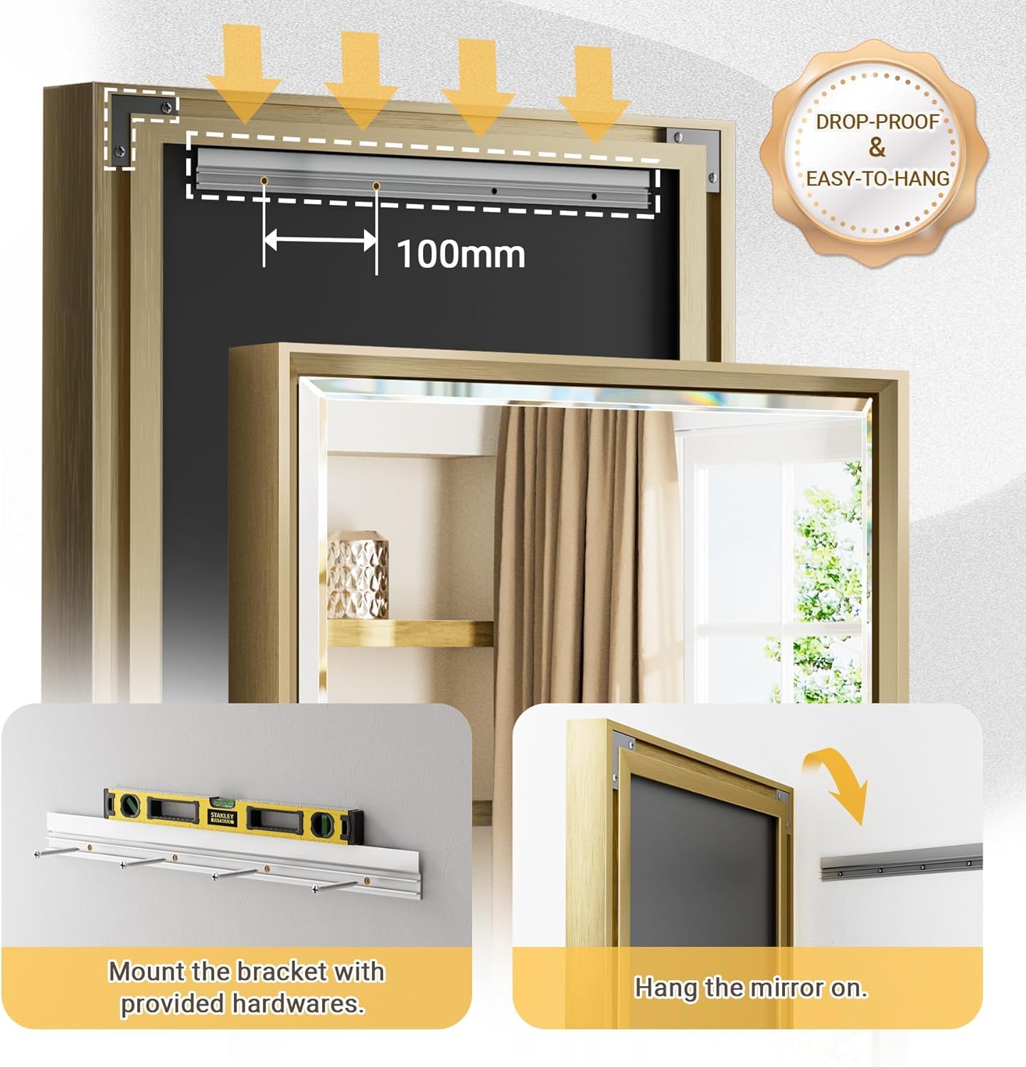 Gold Bathroom Mirror, 22x30 Brushed Gold Bathroom Mirror Beveled Edge, Gold Framed Rectangle Bathroom Vanity Mirror, Anti-Rust Brushed Brass Metal Frame Wall Mirror Vertical/Horizontal