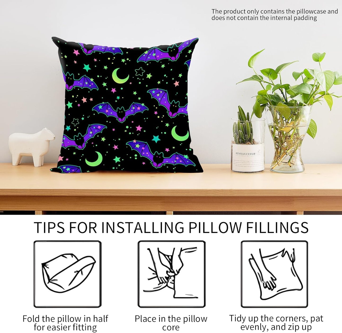 Decorative Throw Pillow Covers 18x18 Inch, Cute Home Decor for Living Room Outdoor Funny Pillowcase Polyester Cushion Case Purple Bat Stars