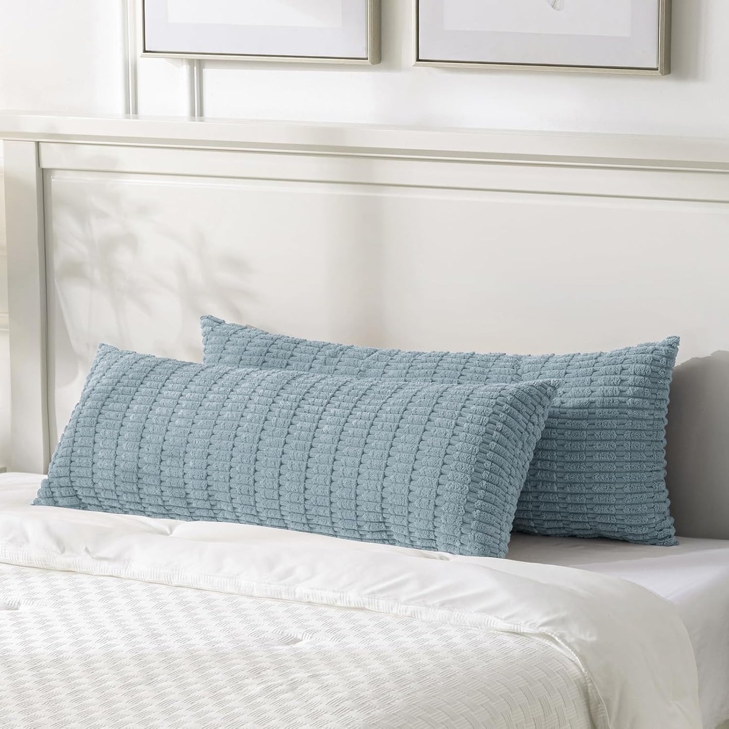 Fancy Homi 1 Pack Light Blue Long Lumbar Body Decorative Throw Pillow Covers 20x54 Inch for Bed Couch Bedroom Bench, Soft Corduroy Rectangle Solid Pillow Case 50x137 cm, Rustic Farmhouse Boho Decor