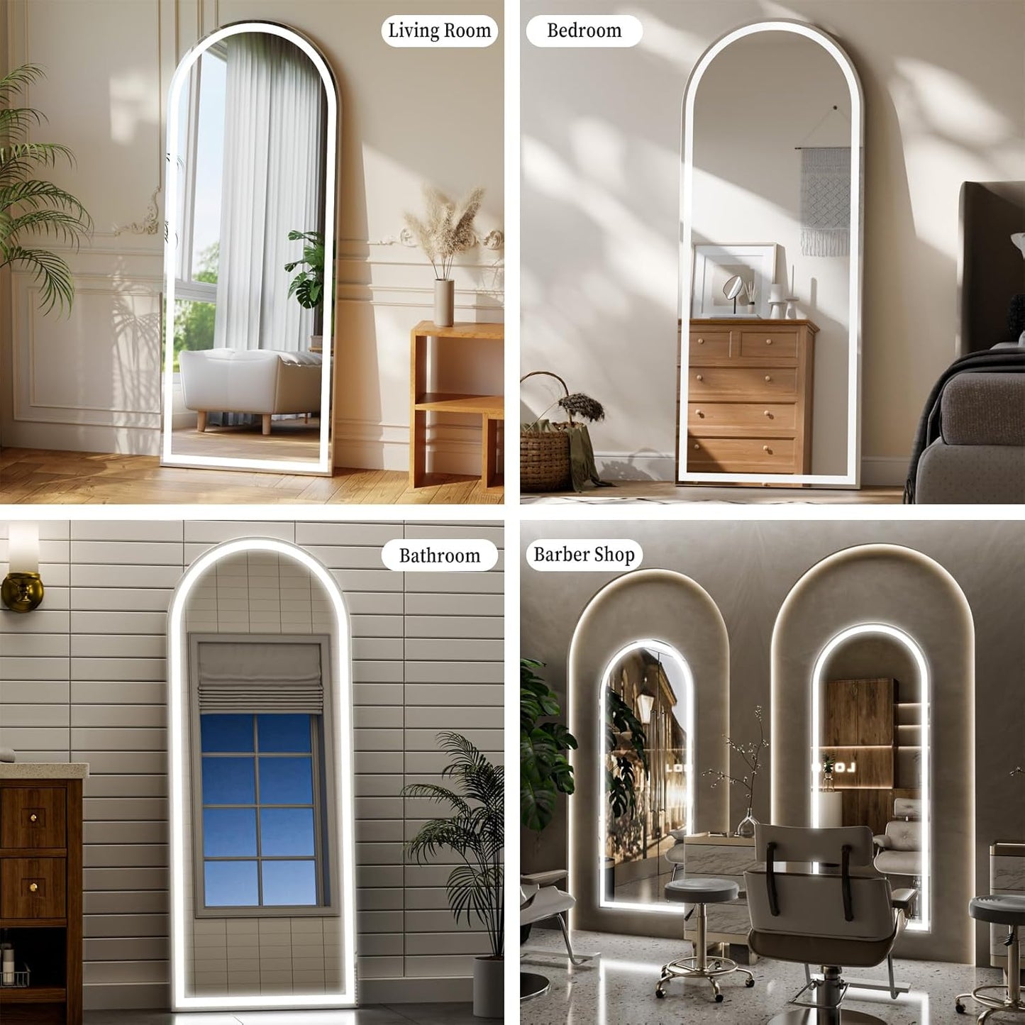 LED Arched Full Length Mirror with Lights 65"x26" - Lighted Floor Mirror with Dimming & 3 Color Lighting, Aluminum Frame Standing Leaning or Hanging for Bedroom Cloakroom White