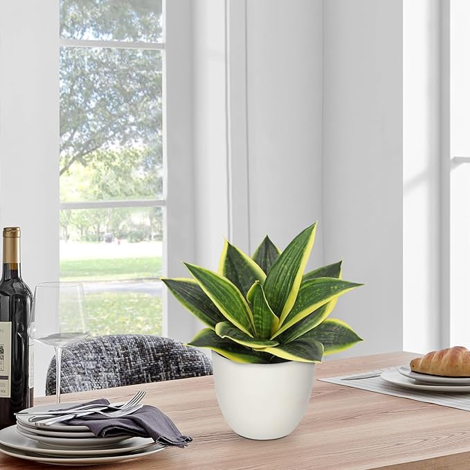 Hollyone Artificial Snake Plants 9" Faux Agave Succulent Plant Potted in White Pot Fake Sansevieria Aloe Tropical Plant for Desk Modern Office Home Bathroom Indoor Outdoor Decor