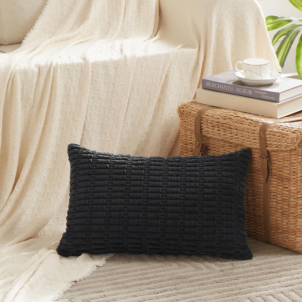 Fancy Homi Black Decorative Throw Pillow Covers 14x24 Inch for Living Room Couch Bed Sofa, Rustic Farmhouse Boho Home Decor, Soft Striped Corduroy Square Cushion Case 35x60 cm