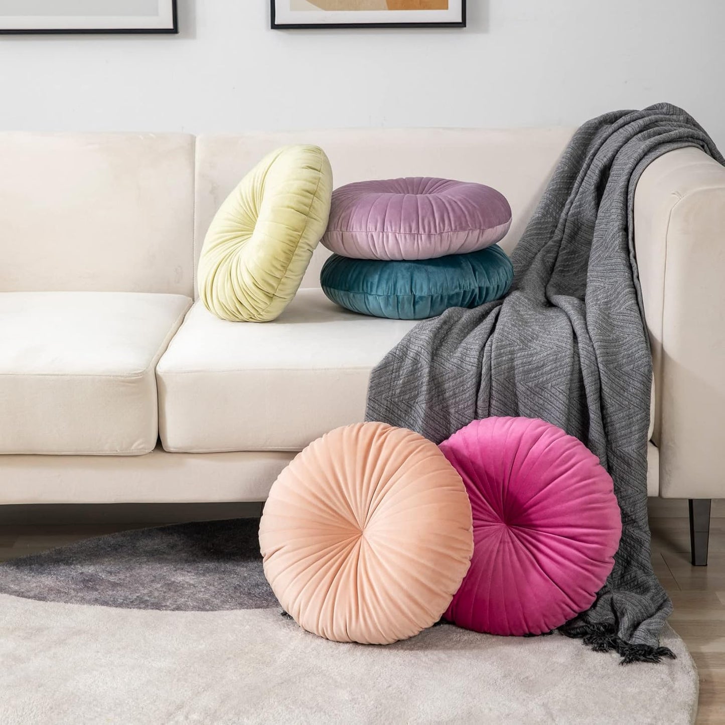 HLOVME Round Pillow Cushion for Couch Velvet Decorative Small Throw Pillow Solid Color for Living Room Bed Floor 15.7”, Lemon Yellow