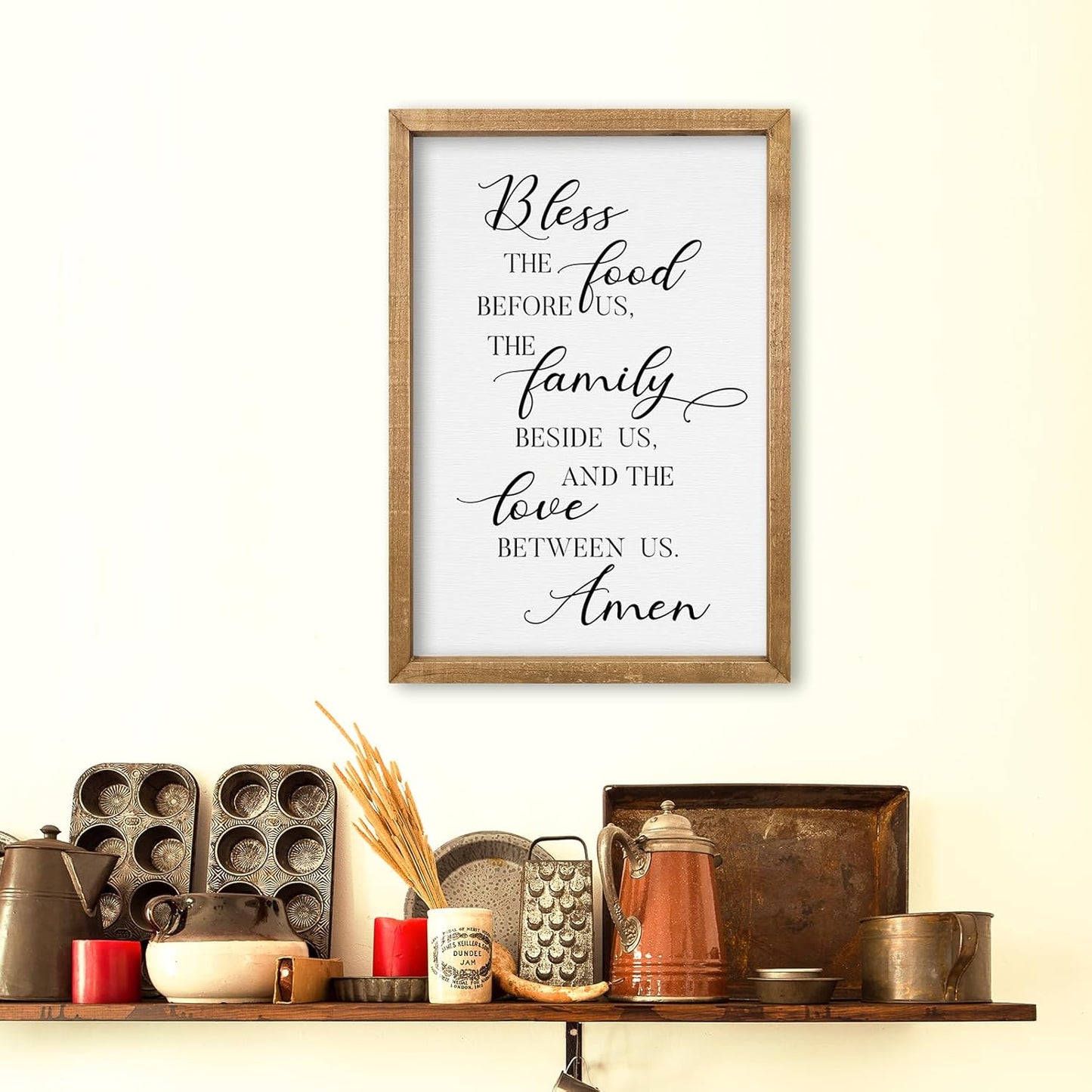 comurdyo Kitchen Wall Decor Bless the Food Before Us Prayer Farmhouse Christian Sign 16"×11" Framed Wood for Small Modern Religious Holy Dining Room Kitchen Plaque Wall Art Hanging (Wood)