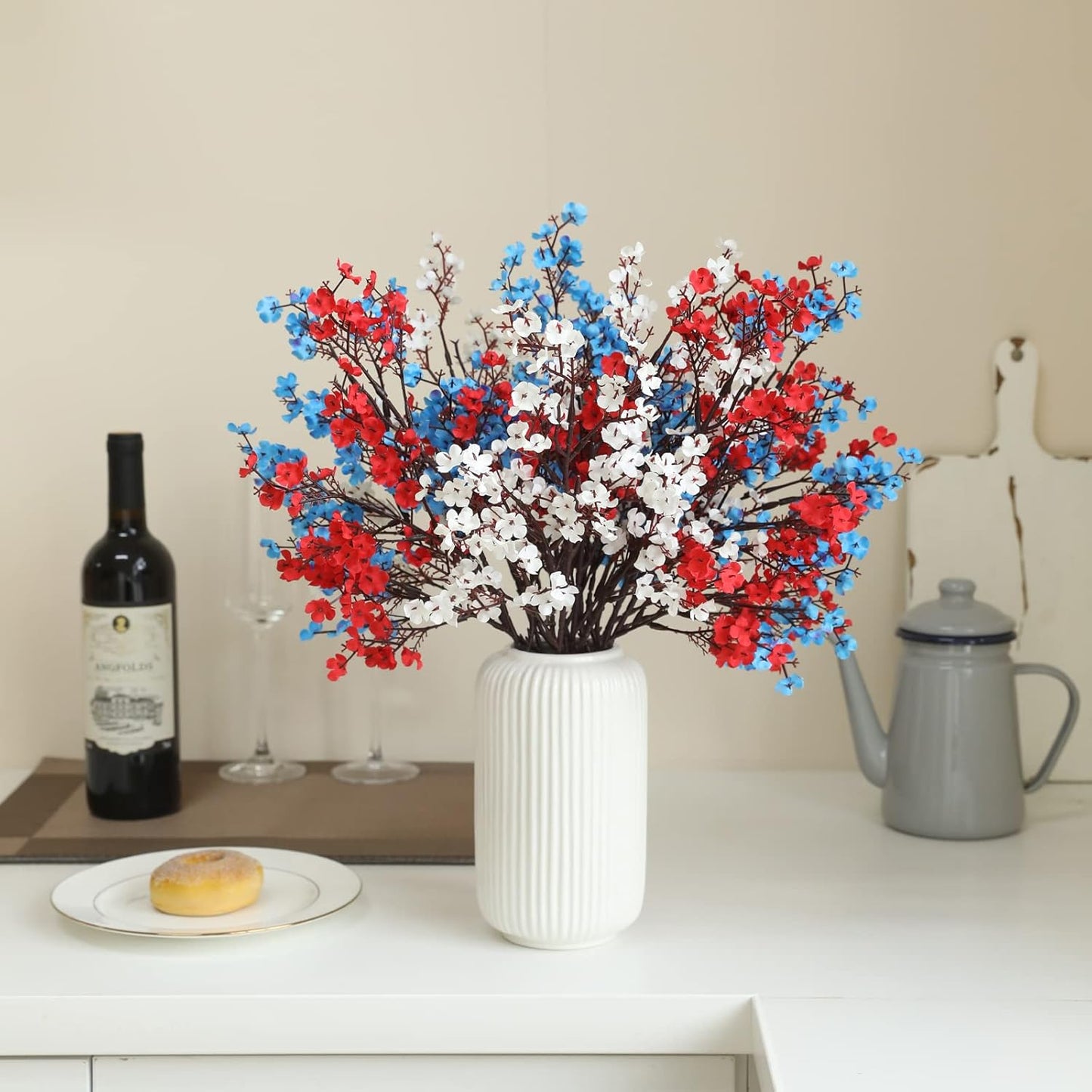 Hananona 10 Pcs 4th of July Flowers Artificial Babys Breath Fake Silk Patriotic Flowers for Independence Day Home Decor Floral Arrangement Table Centerpieces (10, Mix)