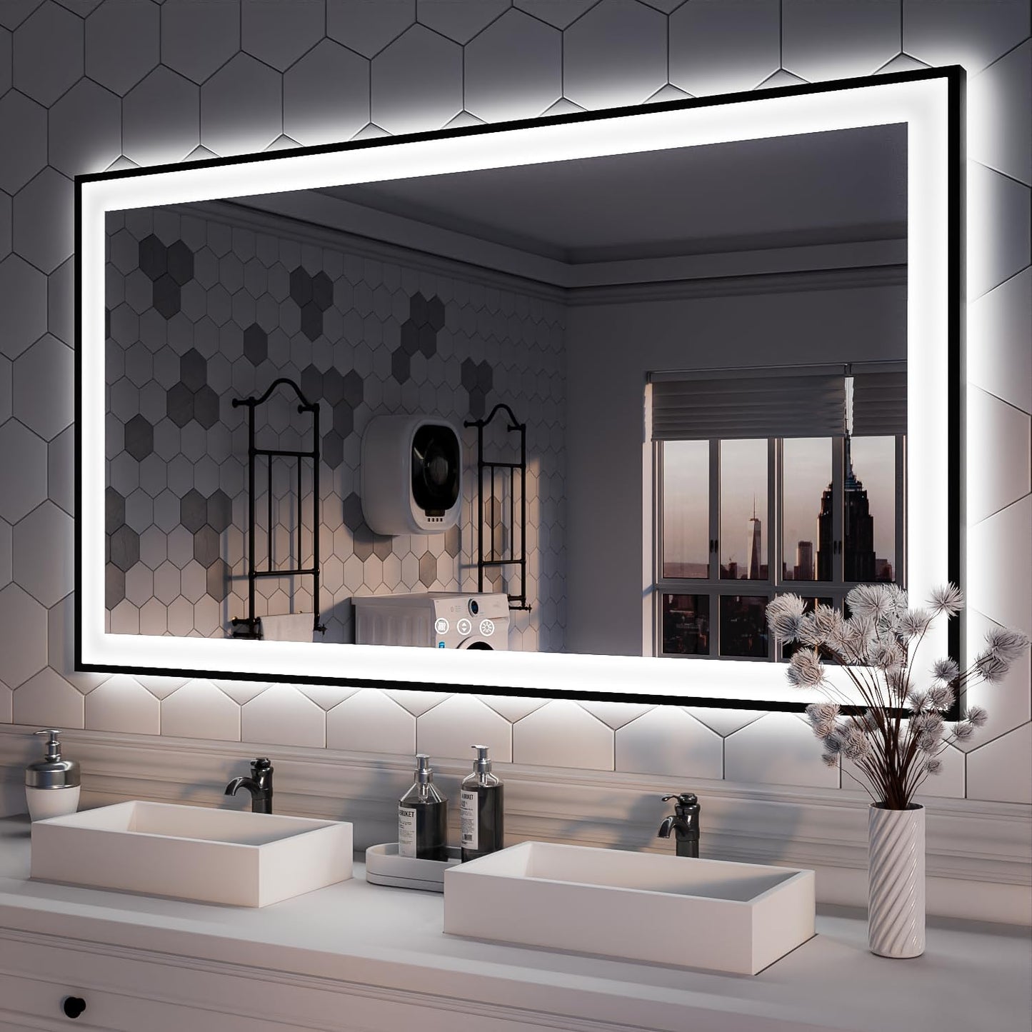 ISKM Framed LED Mirror for Bathroom 55"x30", Dimmable LED Bathroom Mirror with Lights, Anti-Fog, Front and Backlit Lighted Mirror 3-Colors, Shatterproof, Memory Function