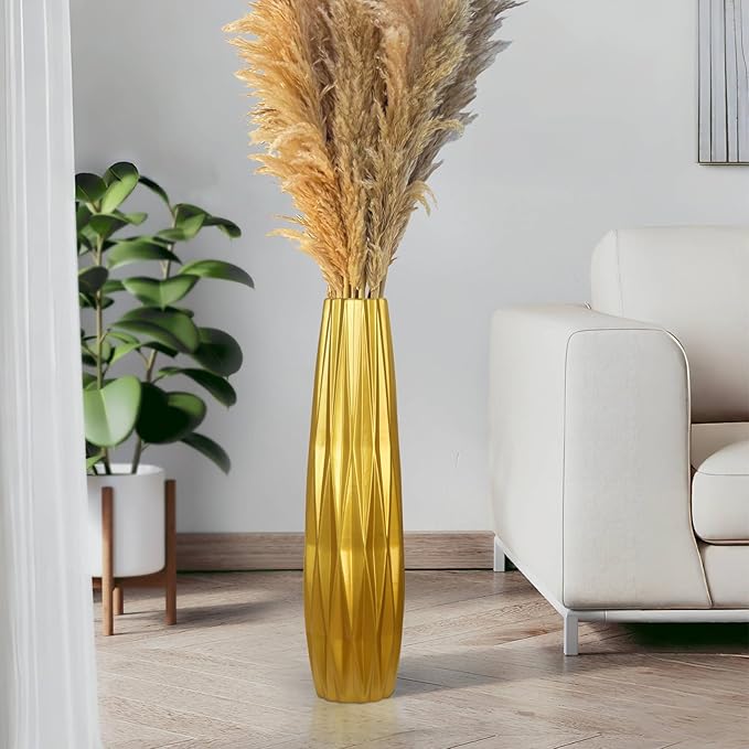 Gold Ceramic Tall Floor Vase,24 Inch Large Modern Flower Vases for Home Décor,Wicker Big Floor Vase Decorations for Farmhouse, Living Room,Bedroom,Standing Plastic Vase Decorative Tall