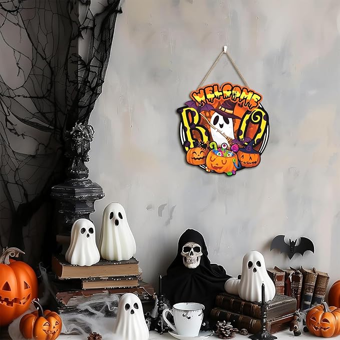 Welcome Halloween Door Sign,Ghost Door Wreath,Pumpkin Wall Sign,Pumpkin Ghost Wall Decoration,Funny Boo Welcome Halloween Plaque for Party Home Porch Yard Office Outdoor Nursery Living Room
