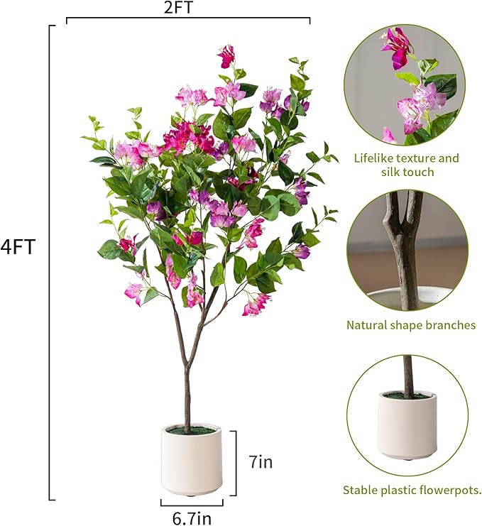 4FT Artificial Bougainvillea Tree Artificial Tree Tall Potted Fake Bougainvillea Trees for Outdoor Indoor Lifelike Potted Faux Plants with Wood Trunk and Flowers Office Wedding Home Decor