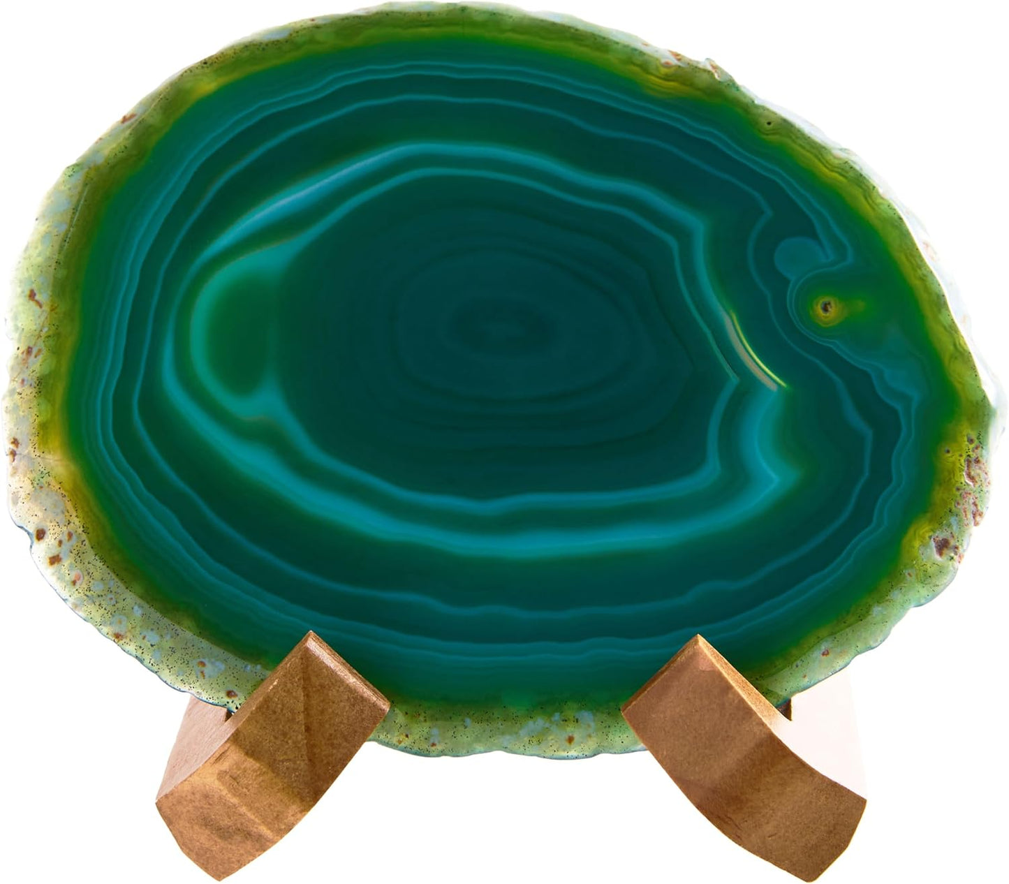 Luxury Lane Large Natural Brazilian Agate Slice Geode Rock Stone Drink Coaster with Wood Holder 4.7-5.5 inch Centerpiece Table Decoration, Emerald Green