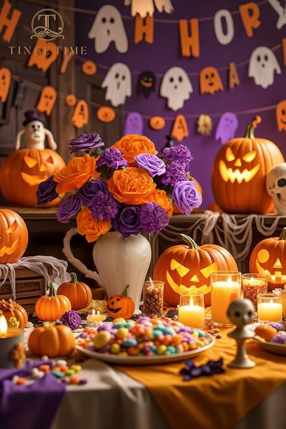 TINGE TIME Rose Artificial Flowers Combo, Gradient Color Faux Foam Roses with Stems for DIY Wedding Bridal Shower Party Table Centerpieces Fake Floral Arrangement Home Decor(Burnt Orange and Purple)