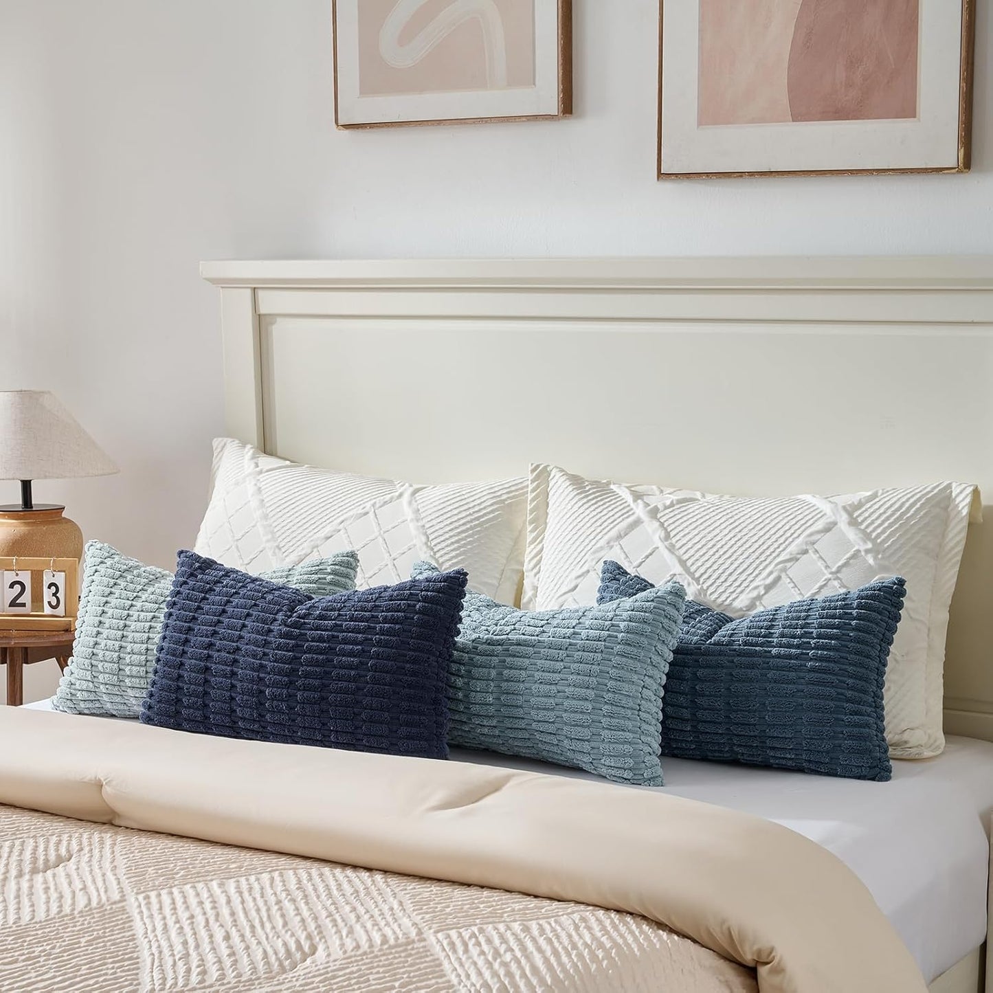 Fancy Homi Set of 4 Blue Lumbar Rectangle Decorative Throw Pillow Covers 14x24 Inch for Couch Bed Chair, Farmhouse Boho Room Decor, Soft Fuzzy Thick Corduroy Textured Coastal Blue Cushion Case 35x60cm