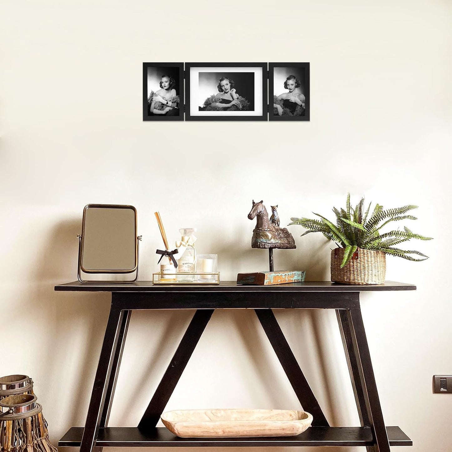 Hinged 3 Picture Frame 4x6 & 5x7 Folding Collage Photo Frames Multiple Wooden Desk Picture Frames with Mat for Office Tabletop or Wall Decor, Black