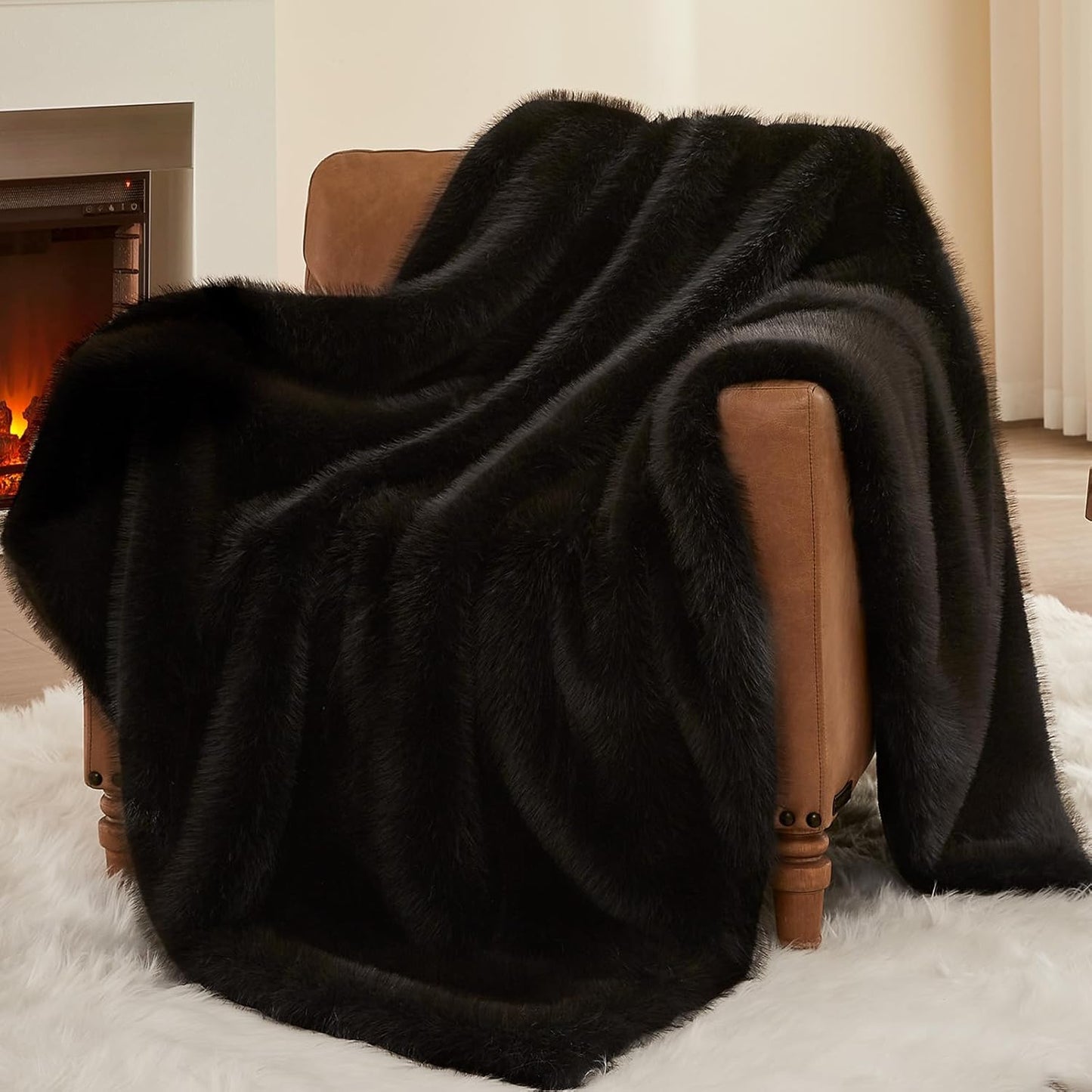 L'AGRATY Faux Fur Throw Blanket: 60''x 80'' Luxury Fluffy Plush Thick Faux Fur Blanket for Bed Couch Sofa - Cozy Soft Fuzzy Blankets for Women Man: Minky Couture Decoration Blanket (Black)