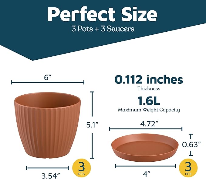Terracotta 6-Inch Plant Pots with Drainage & Saucers 3 Pack, Indoor & Outdoor Planters for Houseplants, Herbs, and Flowers, Durable & Weatherproof Material, Stackable, Lightweight, Minimalist Design