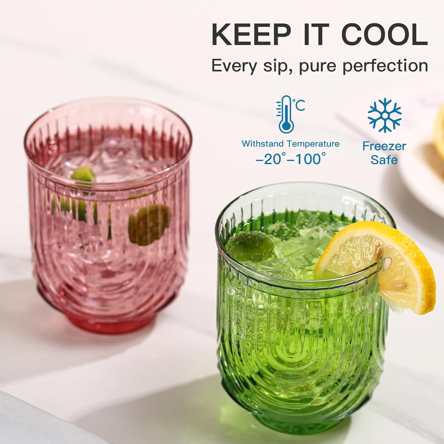 Colored Vintage Drinking Glasses Set of 6-14Oz Colorful Glass Drinking Glasses, Art Deco Ripple Highball Glass, Whiskey Cocktail Glasses, Glassware for Bar Beverages Ice Coffee Juice