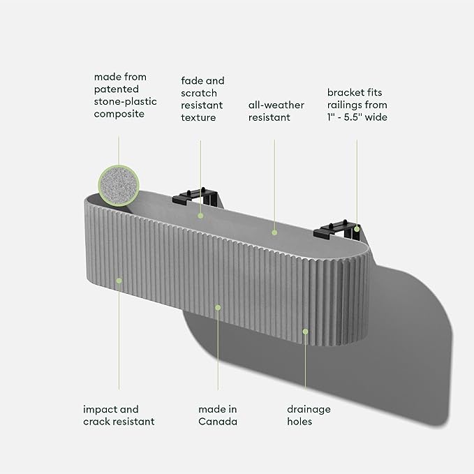 Veradek Demi Series Railing Planter - Hanging Planter Box for Windowsill/Balcony | Plastic-Stone Composite w/Railing Bracket | Modern Décor for Flowers