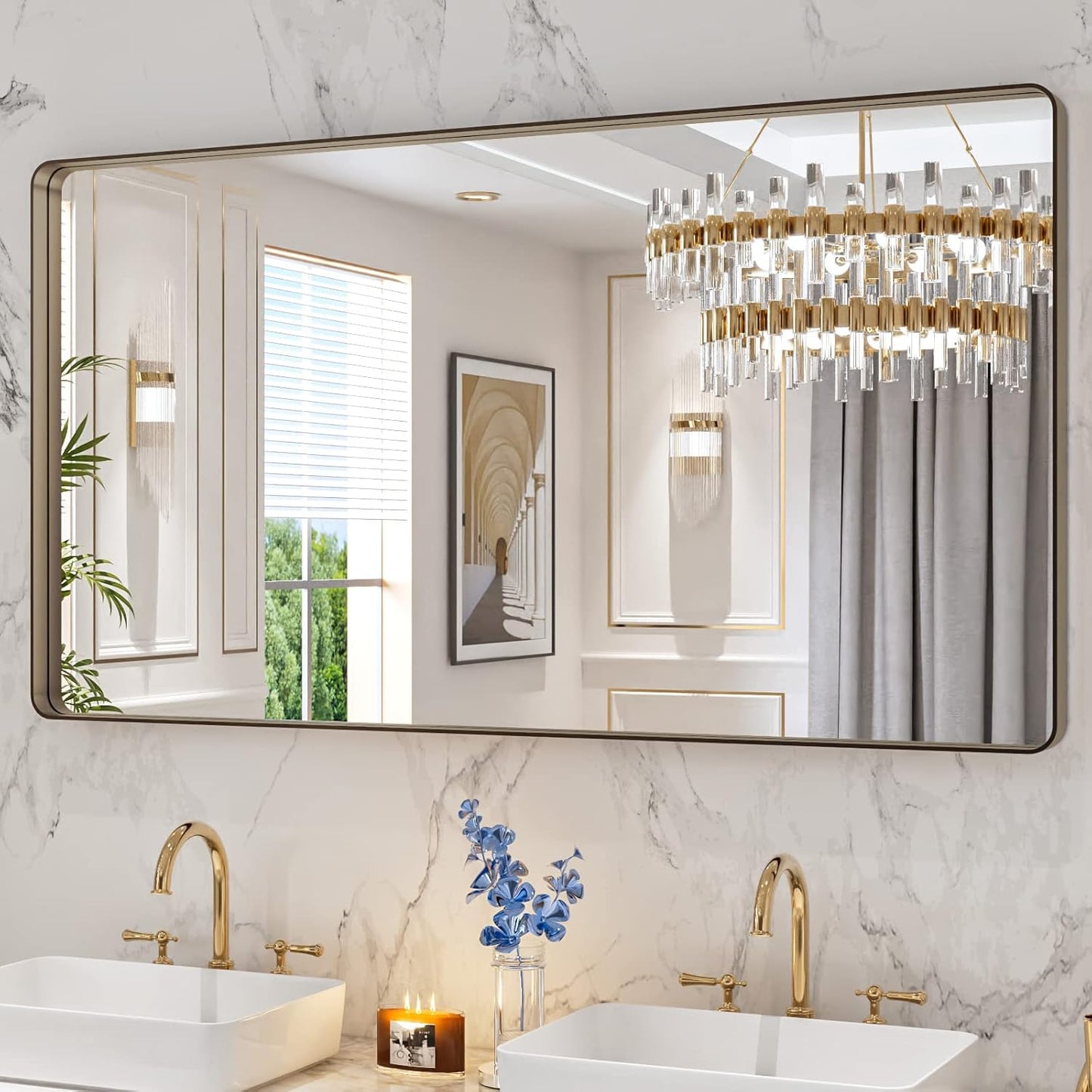LOAAO 55”X30” Bronze Bathroom Mirrors for Vanity, Rounded Rectangle Brushed Bronze Metal Frame Mirror, Anti-Rust, Tempered Glass, Hangs Horizontally or Vertically
