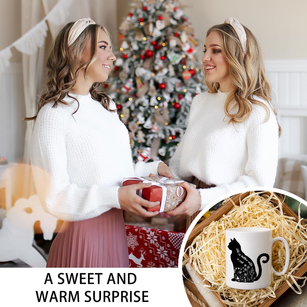 Life Is Better With A Cat Ceramic Coffee Mug for Women Men, Funny 11oz Floral Black Cat Mug for Cats Dad Mom, Cats Lover Gifts, Novelty Mothers Day Christmas Birthday Gifts