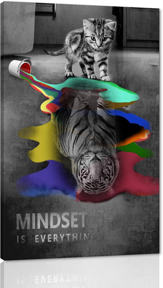 Framed Wall Decor Cute Animals Cat and Tiger Pictures with Inspirational Quotes Mindset Is Everything Motivational Posters Artwork Contemporary Home Decor Large Panel Ready to Hang-28 Wx44 H