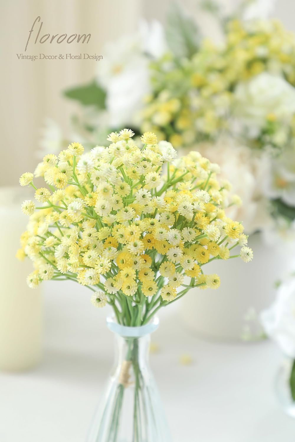 Floroom 18pcs Artificial Babys Breath Gypsophila Greenery Sprays, Real Touch Canary Yellow Fake Flowers for Wedding Bouquets Centerpieces Floral Arrangements and Decorations