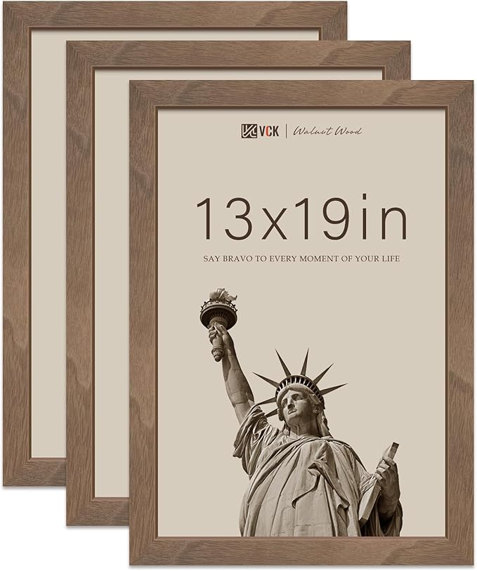 VCK 13x19 Poster Frame 3 Pack - Brown Walnut, Natural Grain Solid Wood Picture Frame, Wall Gallery Frame