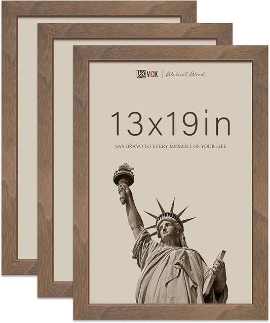 VCK 13x19 Poster Frame 3 Pack - Brown Walnut, Natural Grain Solid Wood Picture Frame, Wall Gallery Frame