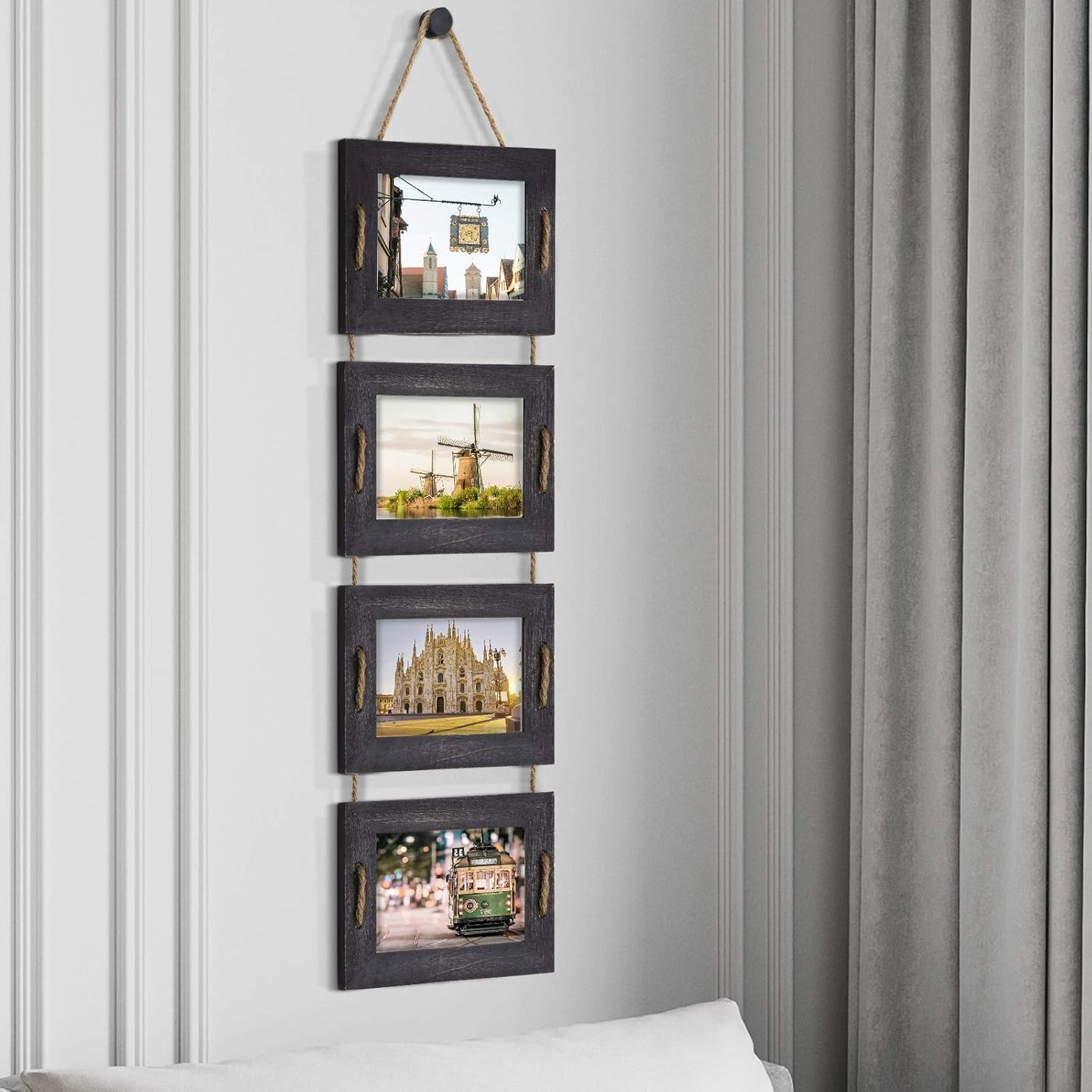 DLQuarts 5x7 Hanging Collage Picture Frames Wall Decor, 4-Opening 5x7 Matted to 3.5x5 Photo Rustic Wood Frame with Hemp Rope, 2 Pack, Weathered Black