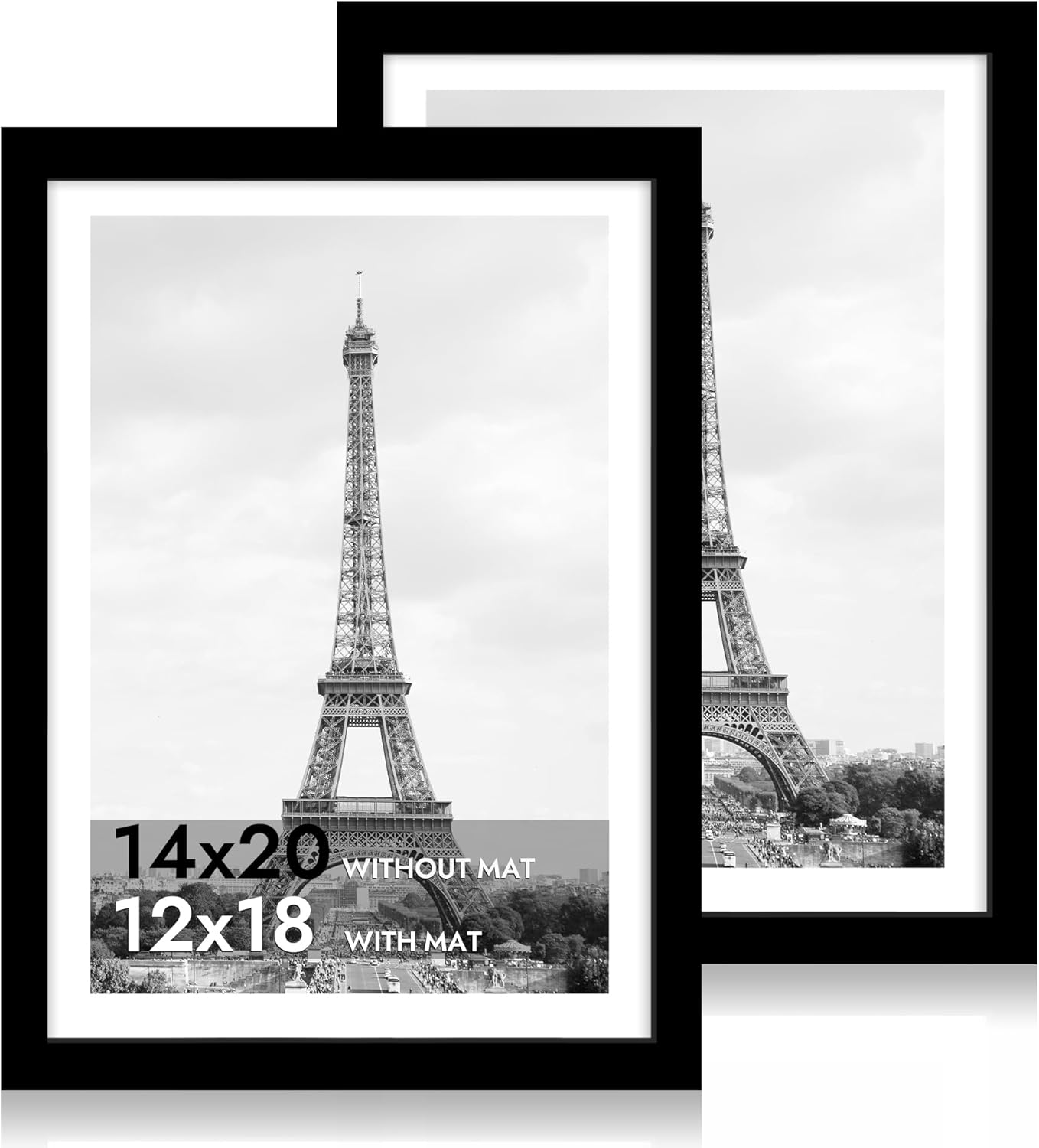 iRahmen 14x20 Picture Frame Set of 2 with Plexiglass, Black Poster Frame Display 12x18 Picture with Mat or 14 x 20 Without Mat, Wood Photo Frame for Horizontal or Vertical Wall Mounting