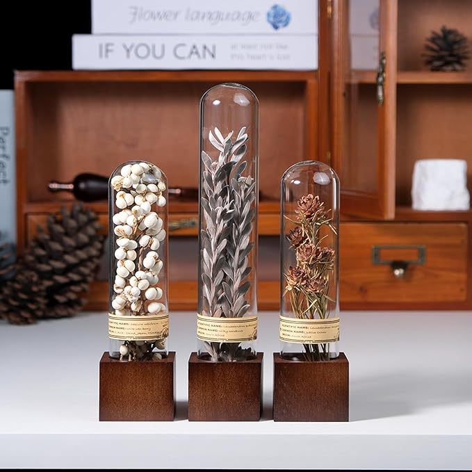 3Pcs Dried Flowers Book Shelf Decor,Boho Shelf Decor,Small Plants Decor for Office Shelves,Natural Forest Green Plants Decor with Wooden Base,Rustic Farmhouse Decor,Unique Gifts for Women,Friends