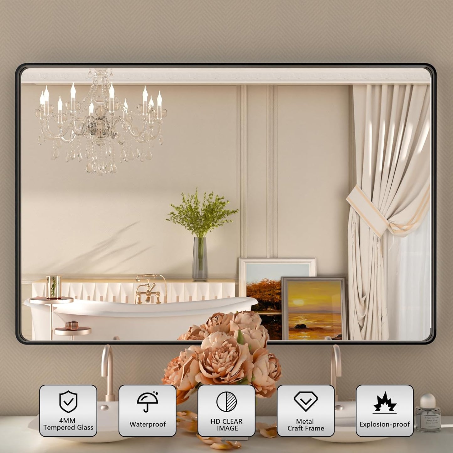 Black Bathroom Vanity Mirror 48x32 Inch,Rounded Rectangle Matte Black Mirror for Wall,Black Matel Frame Mirror for Bathrooom,Farmhouse,Tempered Glass,Horizontal or Vertical