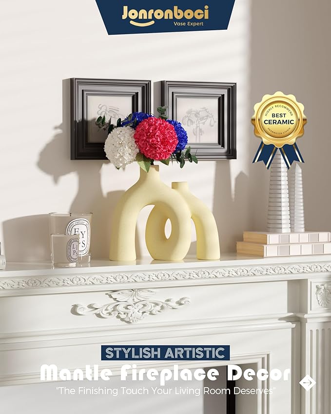 Hug Donut Decorative Vase Set - Beige Vase, Modern Nordic Boho Style Vases Home Decor, Matte Ceramic Decorations for Living Room Shelf, Bookshelf Mantle Entryway Table or Console Décor (Beige)