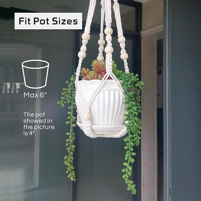Macrame Plant Hanger Indoor, 23" No Tassel Hanging Plant Holder, Sturdy Flower Pot Holder with 2 Hooks - Ivory (Pot NOT Included)