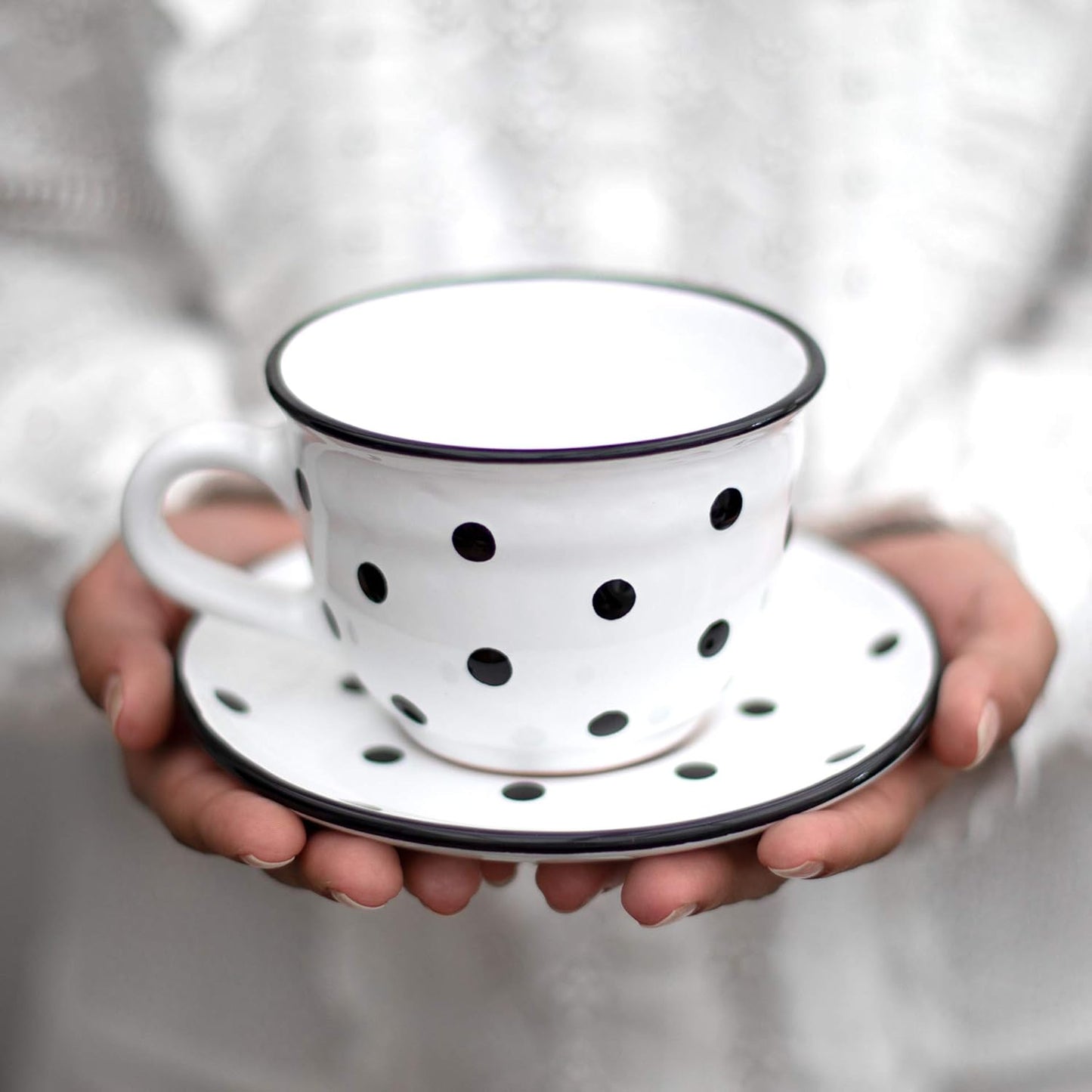 City to Cottage Handmade White And Black Polka Dot Large Ceramic 12oz/350ml Cappuccino Coffee Tea Cup and Saucer, Unique Designer Pottery Gift for Tea Lovers