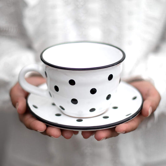 City to Cottage Handmade White And Black Polka Dot Large Ceramic 12oz/350ml Cappuccino Coffee Tea Cup and Saucer, Unique Designer Pottery Gift for Tea Lovers